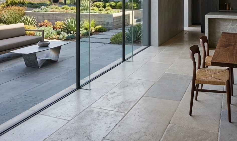 Natural stone in an indoor-outdoor architectural setting